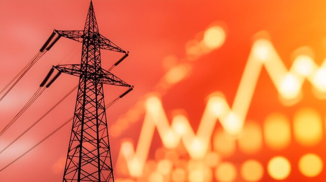 Electricity Pylon in Sharp Focus with High Energy Usage Graph and Warm Bokeh Effect Creating a Glowing Background