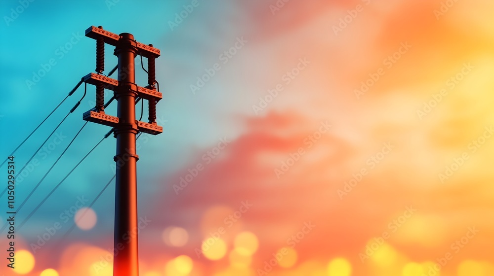 Poster Detailed high voltage power pole structure with a high power consumption graph on the side and warm glowing bokeh lights softly blurring across the bottom of the scene creating a modern industrial