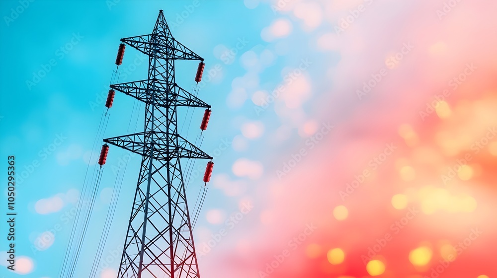 Fototapete Vibrant power consumption graph with a high voltage electricity transmission tower reaching into a futuristic technology driven sky filled with abstract radiating bokeh lighting