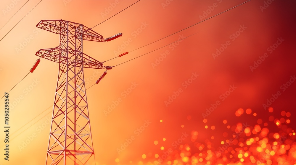 Poster intense energy demand surge illuminating a metallic power transmission tower structure with an abstr