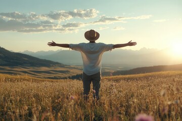 A man enjoys a moment of freedom in a vast mountain landscape, arms wide open to the morning light. Surrounded by golden fields, he feels at one with nature, soaking in the serene beauty of the early 