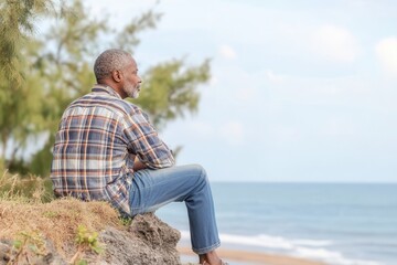 An African grandfather of 65 years enjoys a moment of tranquility while looking out over the ocean horizon from a cliff. The soft dawn light creates a peaceful atmosphere, enhancing the minimalist bac