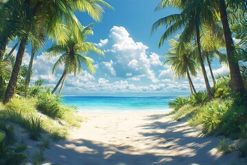 Fototapeta premium Palm Trees Frame a Sunlit Path to the Beach