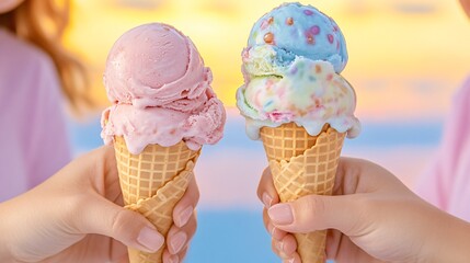 Two hands hold colorful ice cream cones, one pink and one blue, against a vibrant sunset background, evoking a joyful summer moment.
