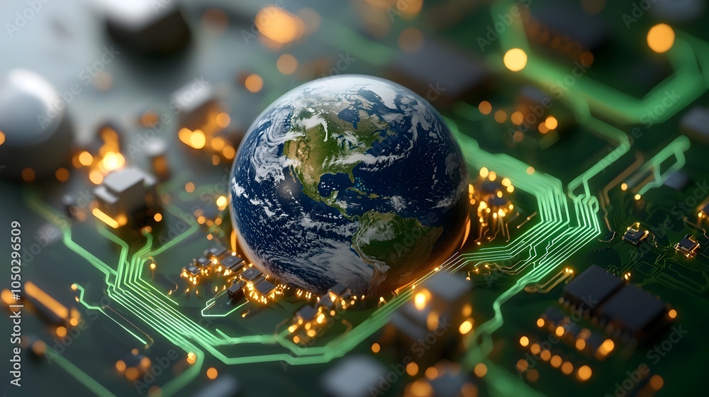 Poster an abstract depiction of the earth surrounded by glowing green circuits with renewable energy source