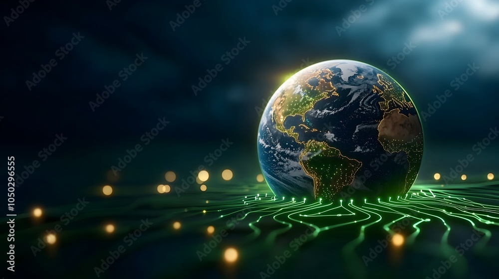 Aufkleber An abstract and futuristic depiction of the Earth surrounded by a network of glowing green circuits representing the harmony and interconnectedness of renewable energy sources like solar wind