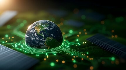 An abstract digital depicting the earth surrounded by a harmonious network of glowing green circuits representing the interconnected renewable energy sources like solar wind