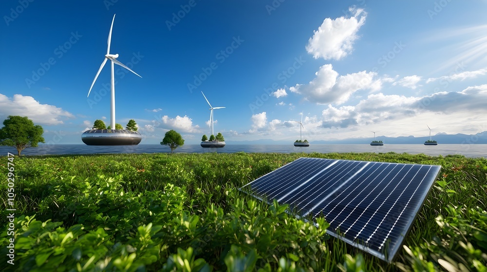 Poster A visionary design of a green tech hub with floating wind turbines and futuristic solar collectors providing clean energy solutions to an oceanfront city