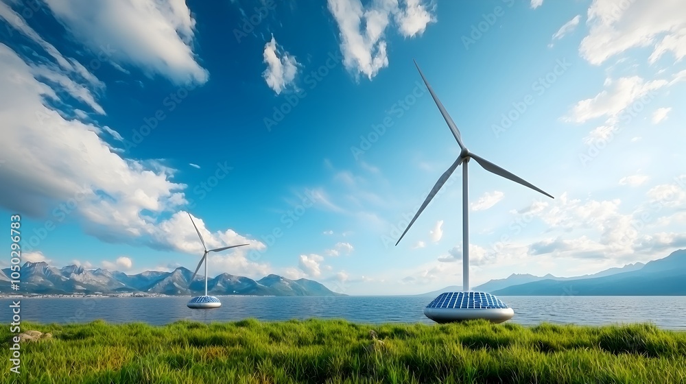 Aufkleber visionary design of a green tech hub with floating wind turbines and futuristic solar collectors pro