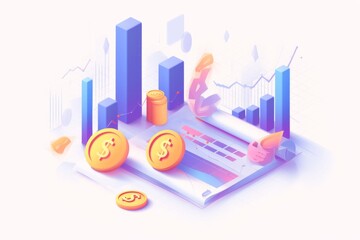 3D icon of a graph featuring coins and a dollar sign, designed with a blue and purple color scheme against a white background. 
