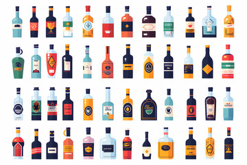 Collection of 48 colorful flat style alcohol bottles with various labels isolated on white background.
