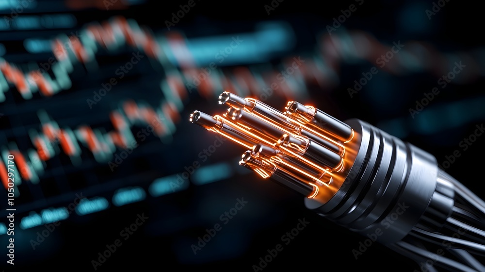 Poster glowing abstract fusion of high voltage wires and market charts set against a deep black background 