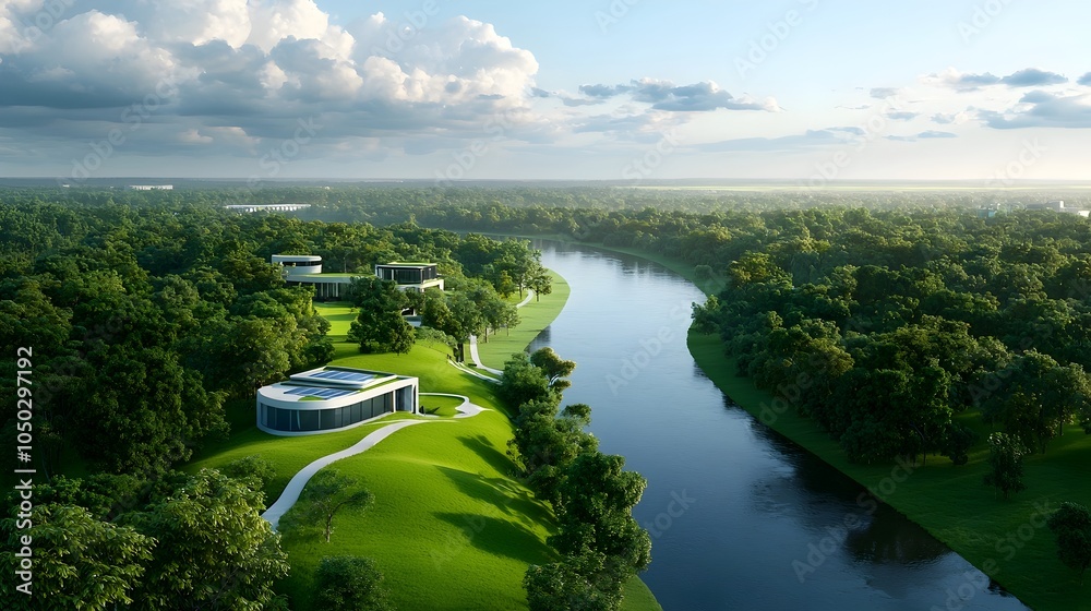 Poster a futuristic eco city surrounded by forests and rivers powered entirely by renewable energy technolo