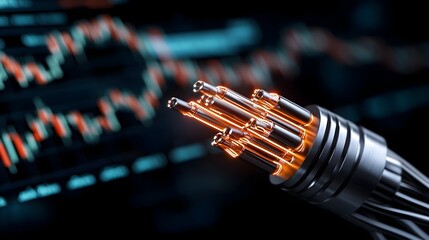 Glowing abstract fusion of high voltage wires and market charts set against a deep black background symbolizing the intersection of energy and finance in a conceptual digital art design