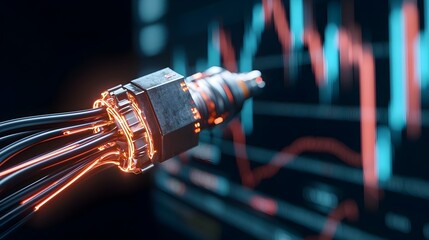 Glowing Intersection of High Voltage and Market Analytics An abstract fusion of electric circuits and financial data visualizations set against a dark backdrop and illuminated in neon