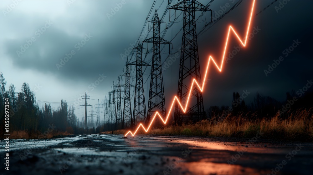 Aufkleber a dark industrial landscape with towering high voltage power lines stretching across the frame overl