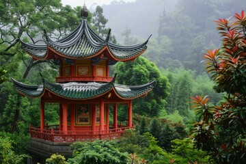 Beautiful vibrant red and green pagoda standing in a lush green forest with mountains in the background