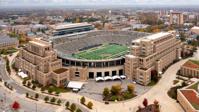 Notre Dame, IN, USA - October 25, 2024: Notre Dame Stadium is located in the heart of the University of Notre Dame campus and home to the Fighting Irish football team.