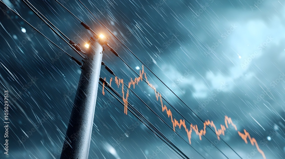 Aufkleber towering high voltage power pole standing prominently in the foreground with faint market graphs and