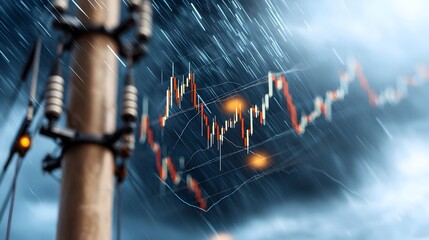A towering high voltage electrical pylon dominates the foreground with faint market graphs overlaying a dramatic stormy sky symbolizing the volatility and power of the financial markets