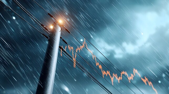 Towering high voltage power pole standing prominently in the foreground with faint market graphs and charts overlaying a stormy