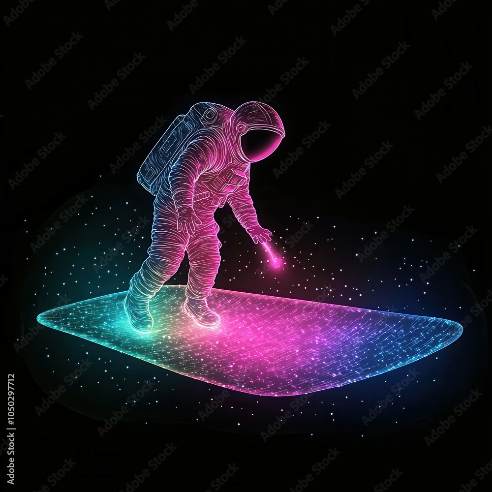 Poster astronaut floating in glowing tracing paths