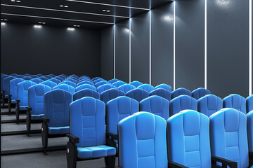 Fototapeta premium Modern cinema hall interior with blue seats in a dark room. 3D Rendering
