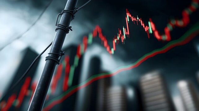 A moody dark toned image of an urban skyline with high voltage power lines cutting through while red and green market lines fluctuate dramatically overhead