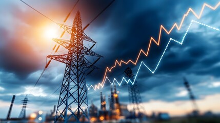 Electrical transmission towers and high voltage power lines stretching across a darkened industrial cityscape with bright market graph lines zigzagging through the sky