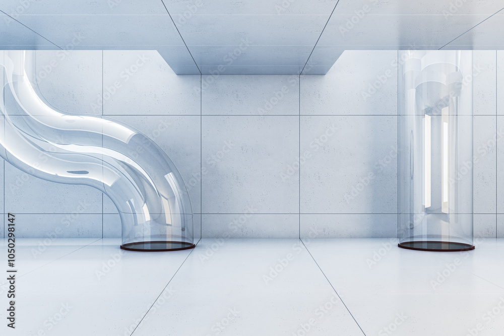 Poster Modern empty room with transparent tubes and white tiled walls. 3D Rendering