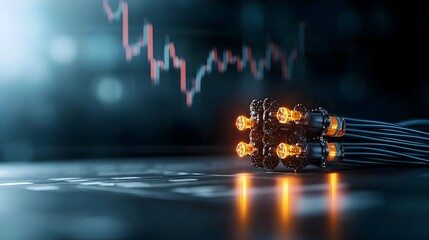 A dark and moody shot of high voltage power infrastructure silhouetted against a faint market graph symbolizing the economic pulse driven by the energy sector