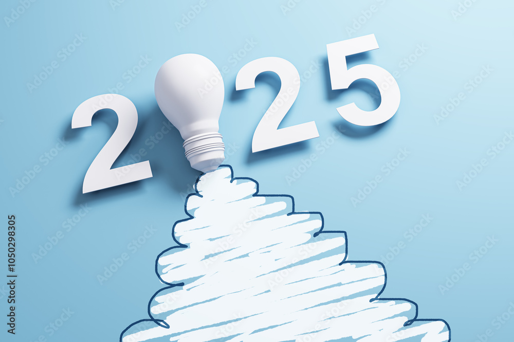Aufkleber A lightbulb on a blue background with a hand-drawn effect, creating the shape of a stairway with 2025 numerals, concept of future ideas. 3D Rendering