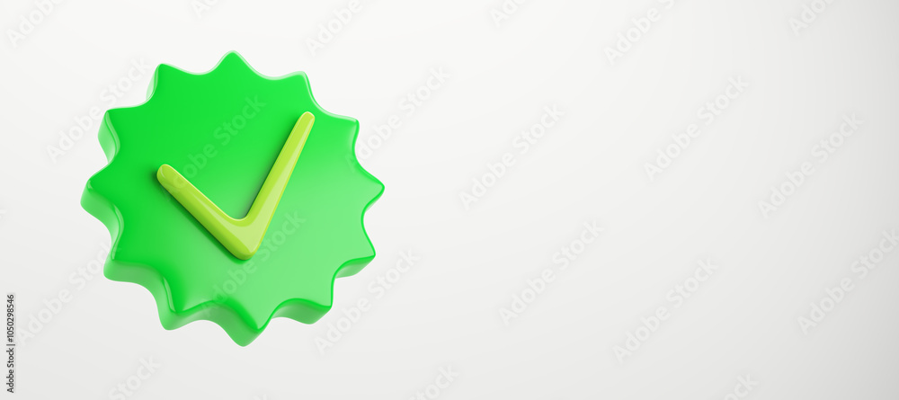Poster green checkmark badge on light background. 3d rendering