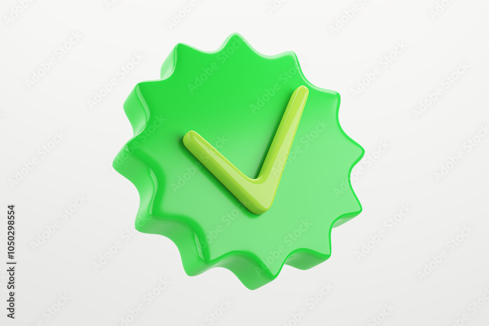 Aufkleber Green checkmark button with wavy edges on light background. 3D Rendering