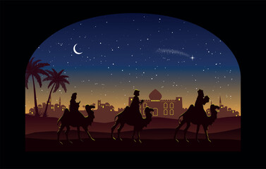Christmas Nativity scene background. Three Wise Men travel. Vector illustration.