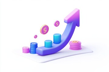 3D icon of an upward graph featuring coins, set against a clean white background.