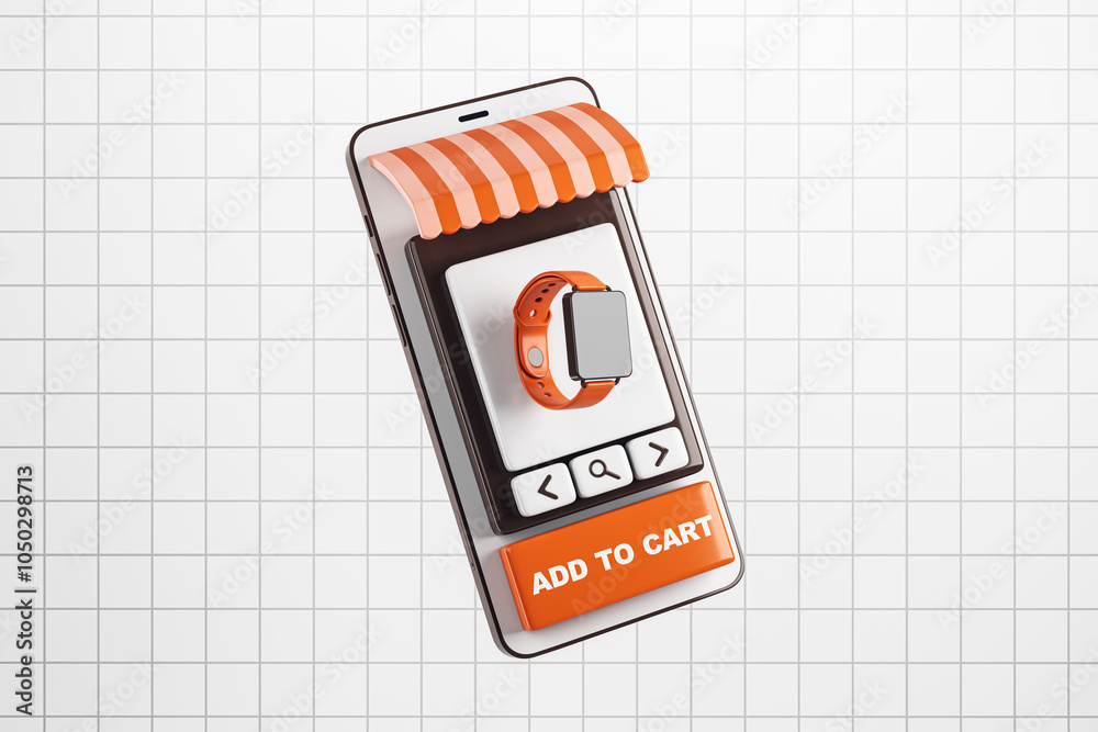 Aufkleber Smartphone showing online shopping interface with a smartwatch and Add to Cart button. 3D Rendering