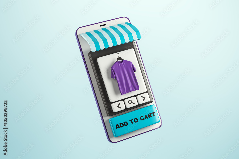 Poster Smartphone displaying an online shopping interface with a shirt and Add to Cart button. 3D Rendering