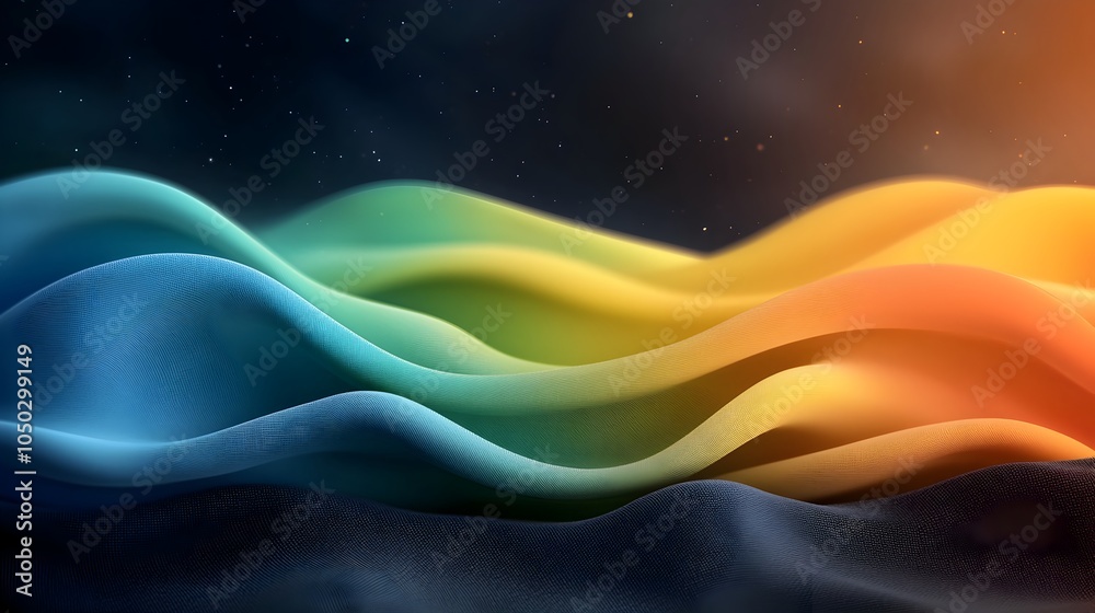 Fototapete Mesmerizing backdrop with a vibrant gradient of rainbow colors blending seamlessly together featuring glowing abstract shapes and a dark noisy texture   perfect for contemporary banner designs