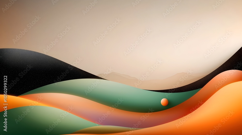 Poster Vibrant abstract color composition featuring glowing orange and green shapes layered over a dynamic rainbow gradient background with black noise textures