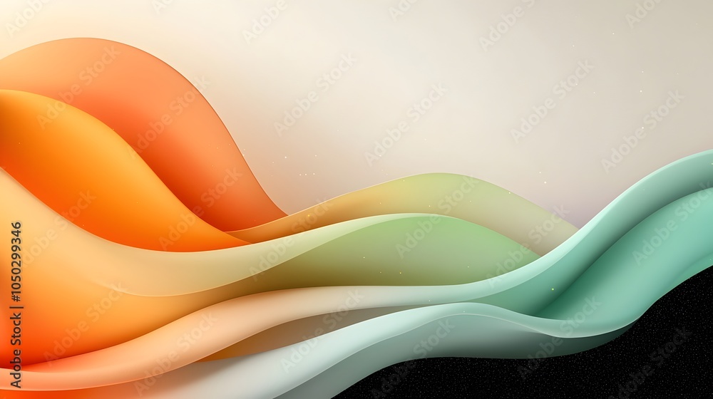 Poster Vibrant abstract color composition featuring glowing layered orange and green shapes set against a rainbow gradient background with black noise textures