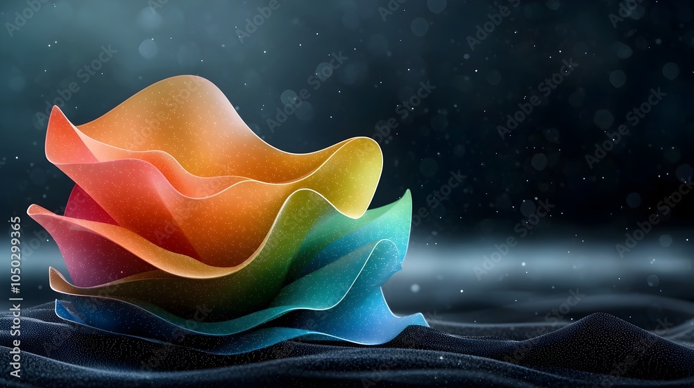 Poster Glowing abstract composition with vibrant rainbow colored shapes set against a striking gradient background featuring dark noisy textures