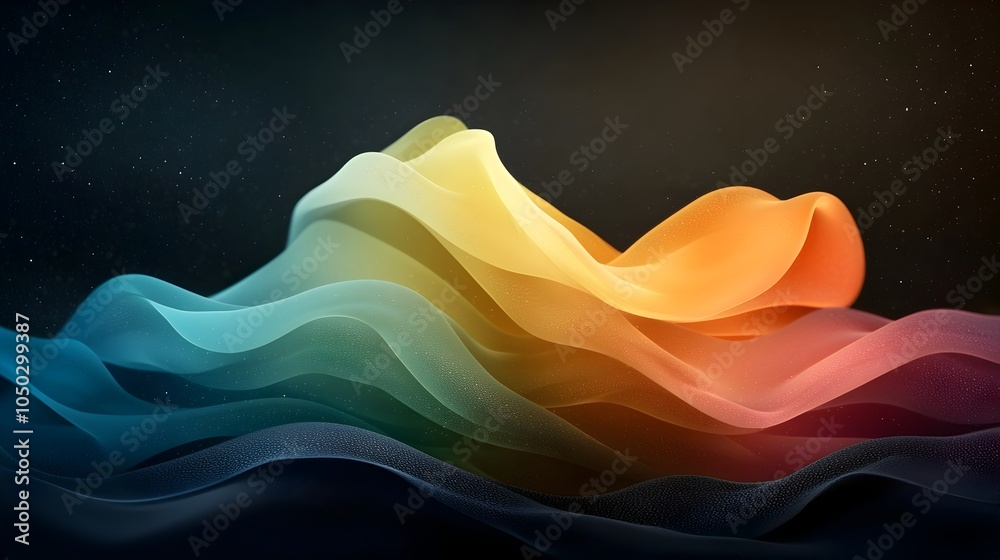 Poster Glowing abstract composition featuring a vibrant array of rainbow colored geometric shapes set against a dark grainy gradient background with noisy textures and digital lighting effects