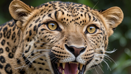 Fototapeta premium A close-up portrait of a leopard with its mouth open, showing its sharp teeth.