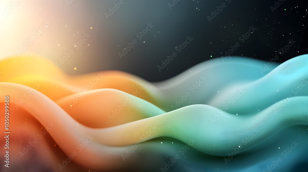 Fototapete Mesmerizing abstract background featuring a vibrant gradient transitioning through rainbow tones combined with glowing organic shapes and black noise textures