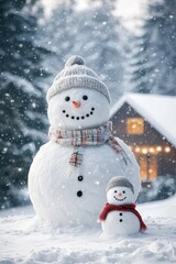 Obraz premium Cute snow man in snow field with cozy house. Winter holiday theme.