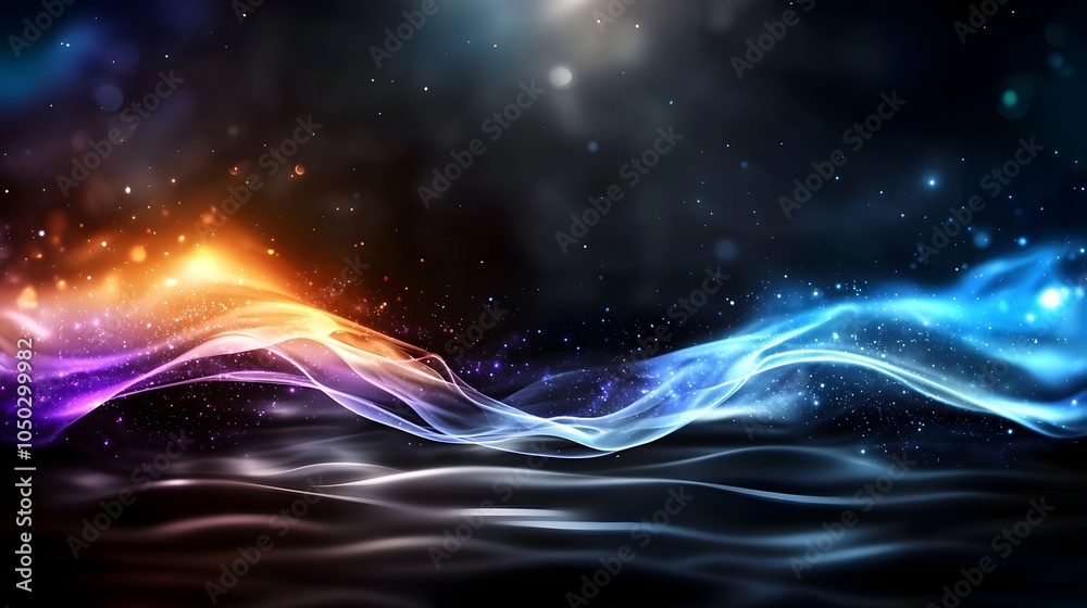 Poster mesmerizing abstract composition with vibrant glowing shapes in purple blue and black set against a 