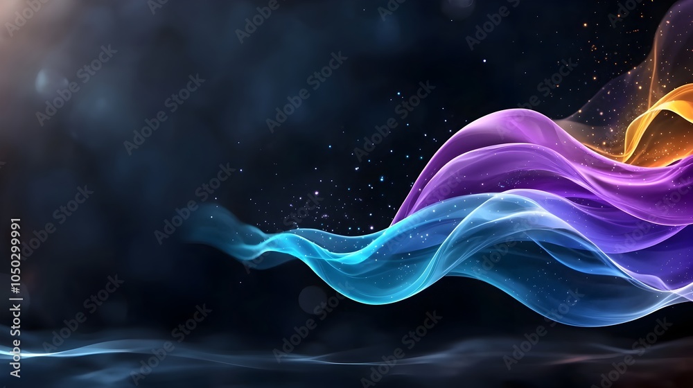 Poster Mesmerizing abstract gradient waves in shades of violet indigo and sapphire glowing with a vibrant color overlay layered over a grainy noisy black background