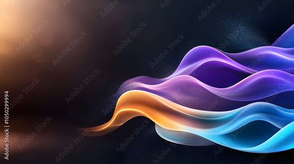 Poster Vibrant glowing gradient waves in shades of dark purple and blue layered over a grainy noisy black background creating a dynamic and captivating design perfect for use in banner ads website headers