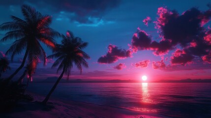 Obraz premium A serene beach scene at sunset with palm trees and vibrant colors.